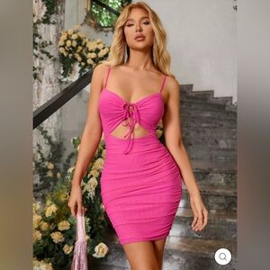 PARTHEA Lace Up Front Cut Out Ruched Mesh Dress - Hot Pink
